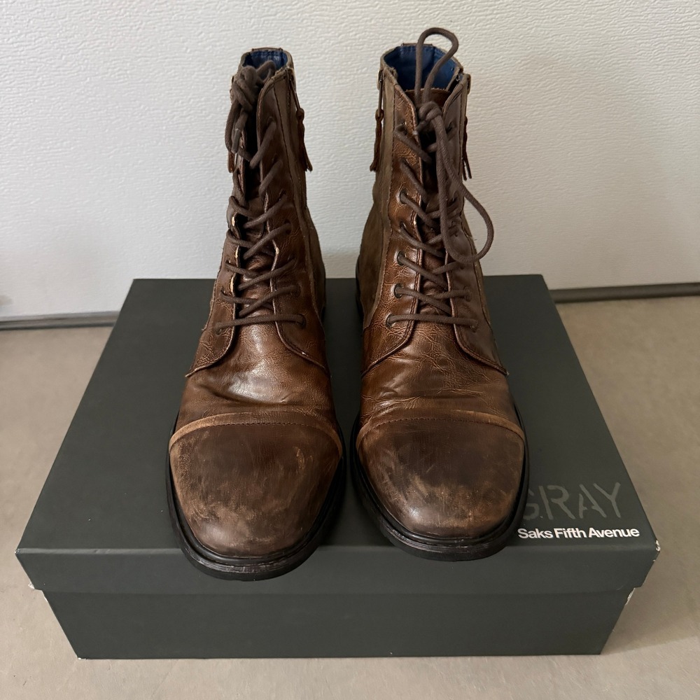 Gray Saks Fifth Avenue Mens Men-Agerie LE Brown Leather Suede Combat Boots 11